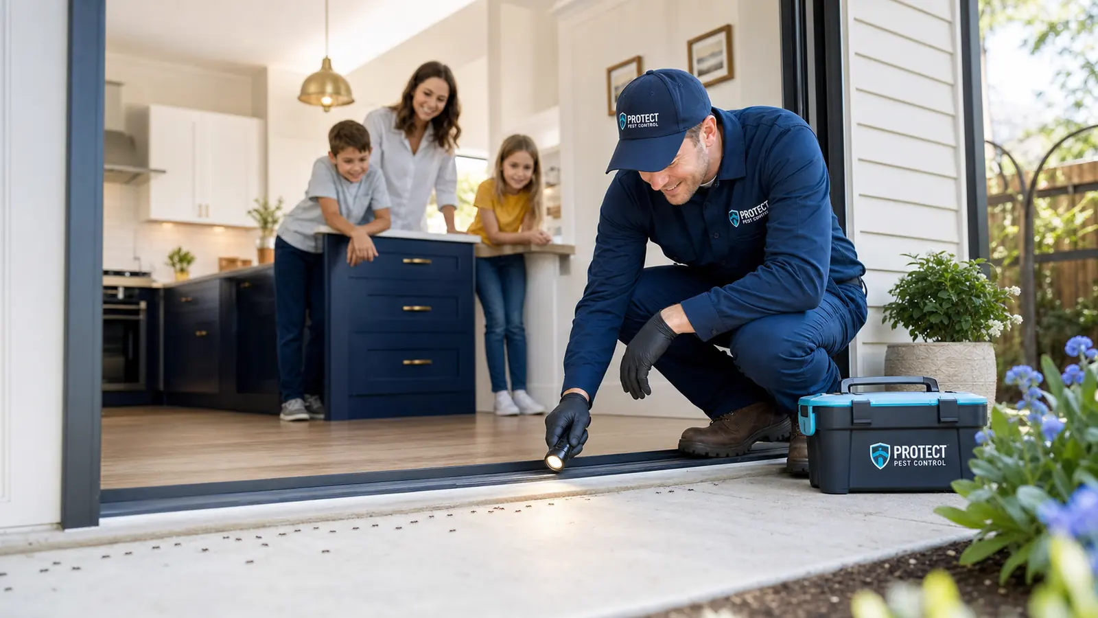 Paladin technician baiting an ant trail in an Upstate kitchen
